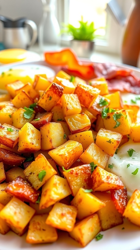 Crispy air fryer breakfast potatoes on a plate, garnished with herbs, served with eggs and bacon.